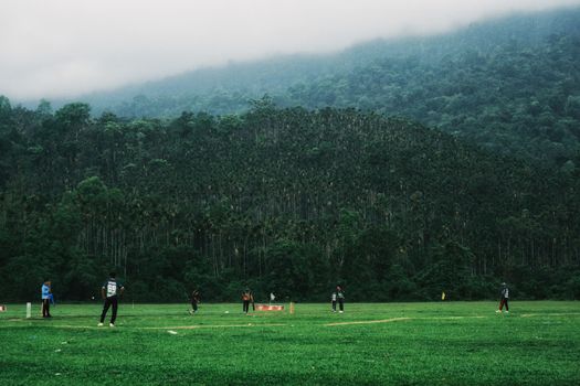 Cricketers playing in a lush green field surrounded by a forest in Sylhet, Bangladesh.