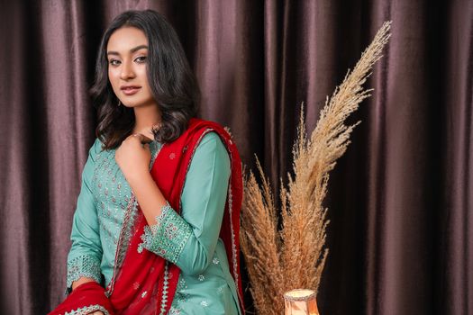 Elegant portrait of a woman wearing traditional Pakistani attire, showcasing intricate embroidery.
