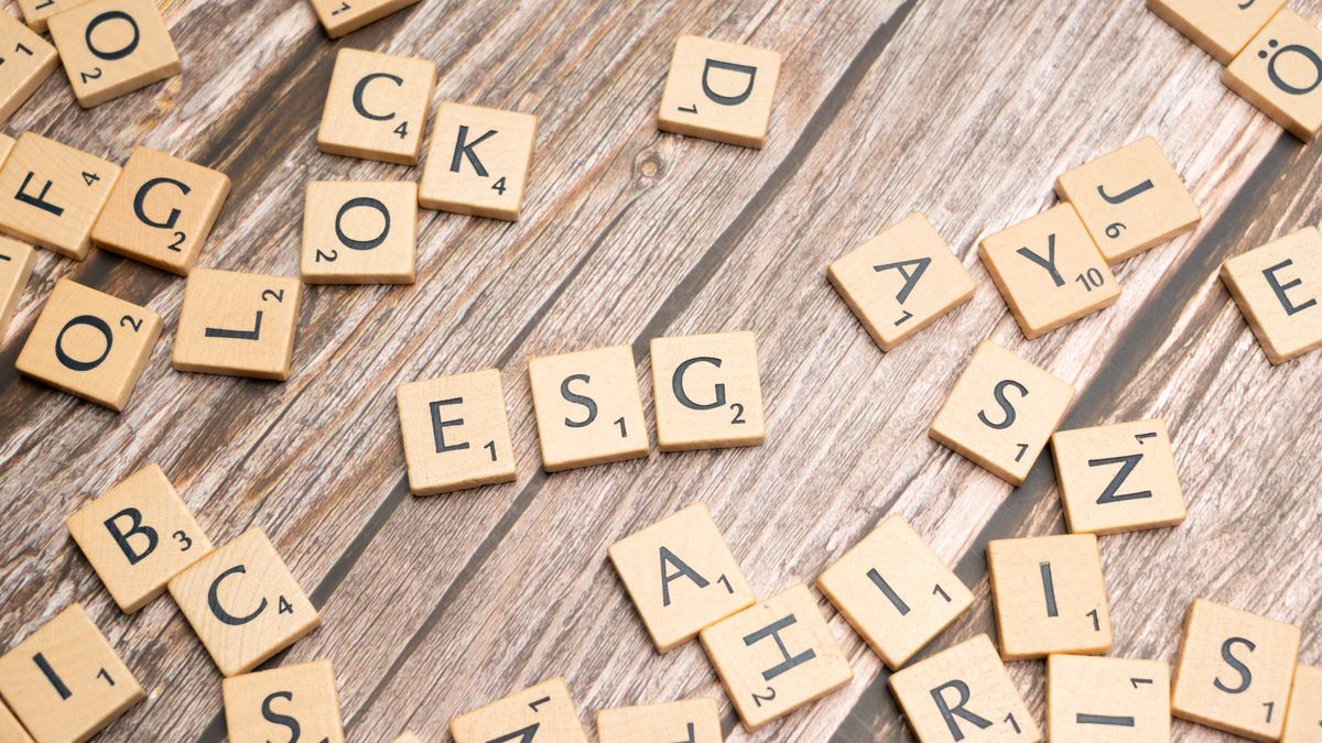 Wooden letter tiles spell ESG on a rustic wooden surface, emphasizing sustainability.