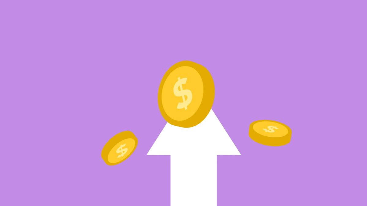 Decorative cardboard appliques of arrow and dollar coins representing income concept on violet background