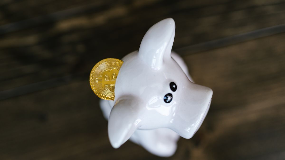 Close-up of a bitcoin coin inserted in a white piggy bank, symbolizing cryptocurrency savings.