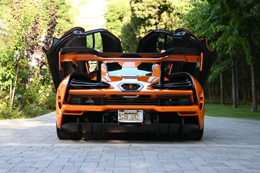 Stunning rear view of an orange McLaren sports car with open butterfly doors in a lush outdoor setting.