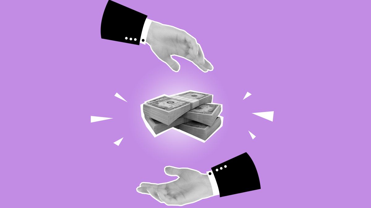 Decorative cardboard appliques representing piles of banknotes between hands of business partners on violet background