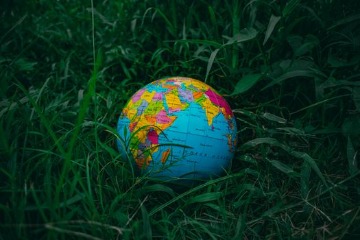 Vibrant world globe lying on lush green grass, symbolizing global exploration and nature.